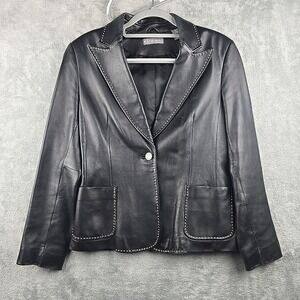 Kate Hill Leather Jacket Womens Size 4 Black One Button Butter Soft Heavy Stitch